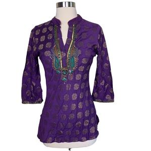 Remanika Silk Metallic Beaded Ornate Floral Gold Purple Indian Tunic Blouse